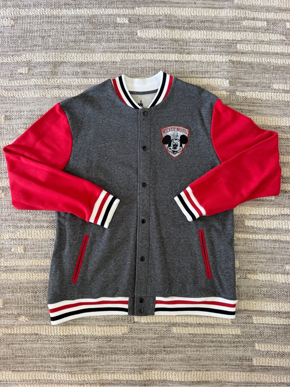 Disney Parks Mickey Mouse Club Varsity Letterman Jacket Grey Red Snap Front XL